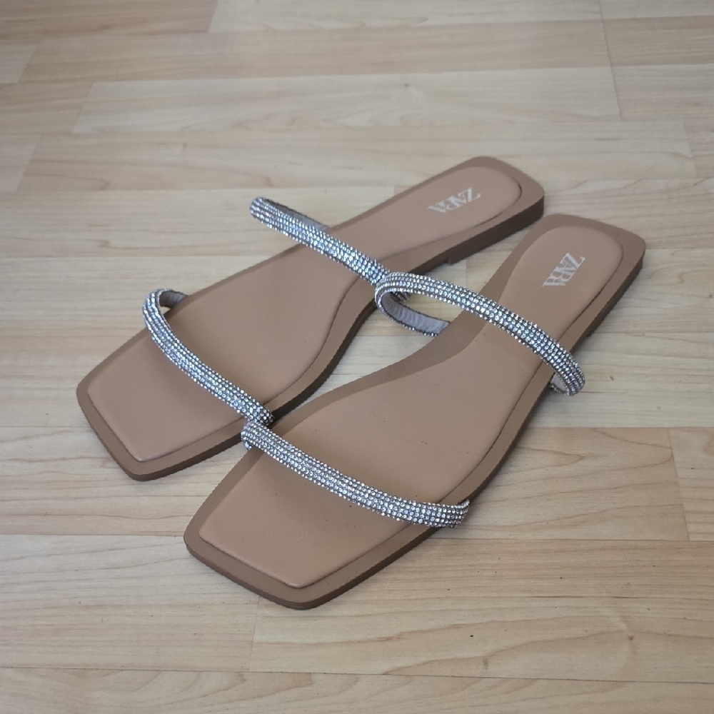 Zara Women's Sandals Slides with Tan Base and Silver Crystal Straps Size 42